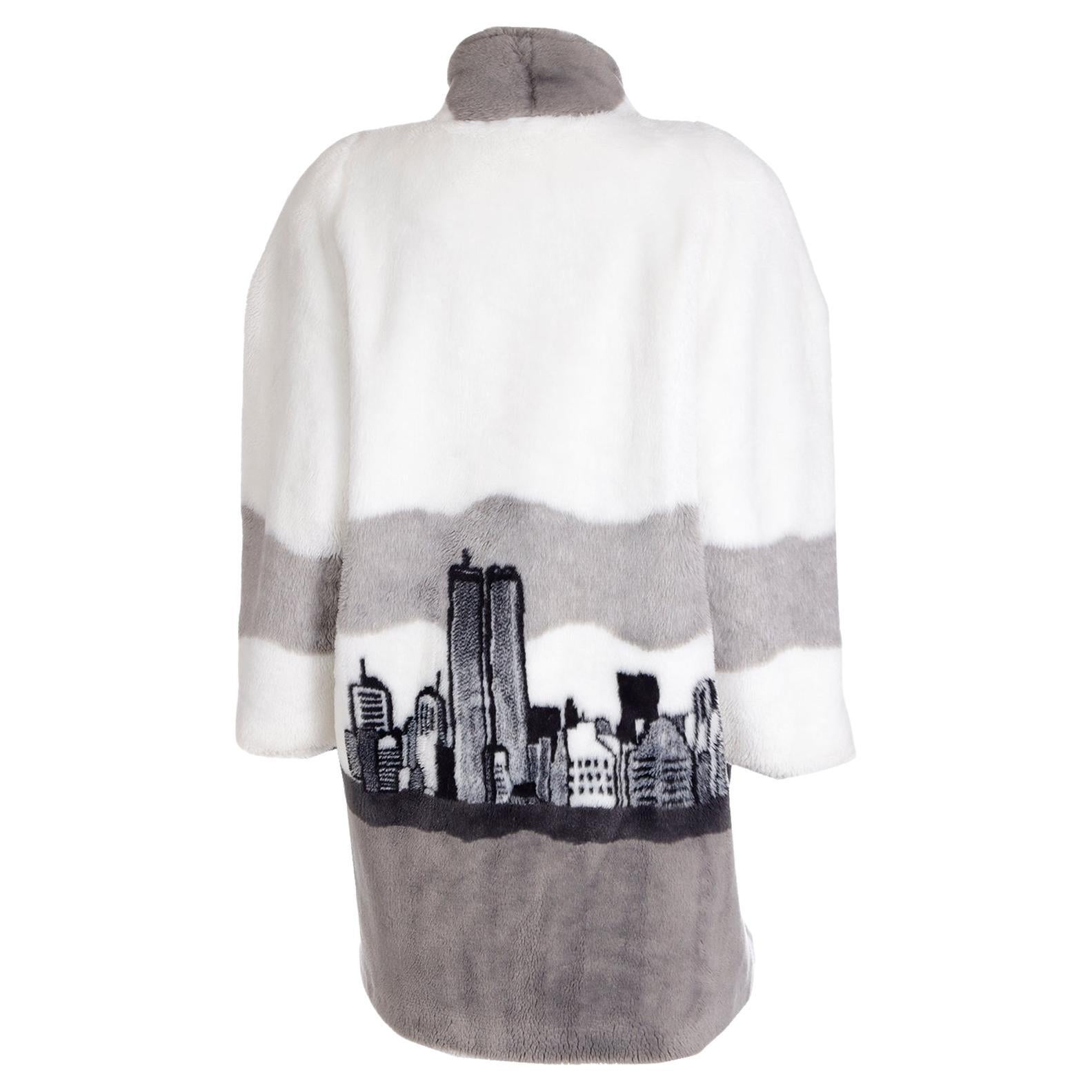 1980s Vintage NYC Skyline Twin Towers White Black & Grey Faux Fur Coat For Sale