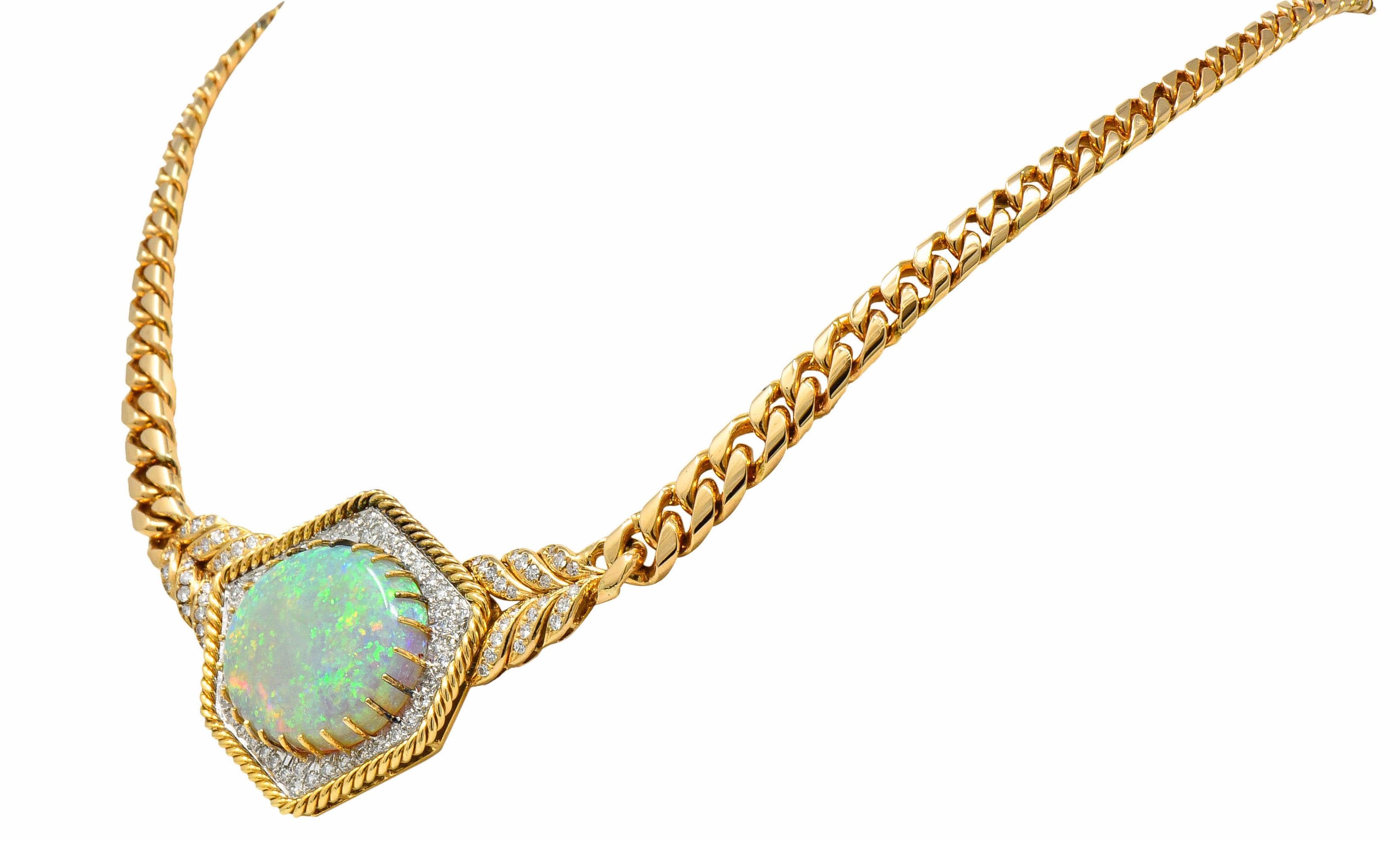 Cabochon 1980s Vintage Opal Diamond 18 Karat Two-Tone Gold Statement Necklace