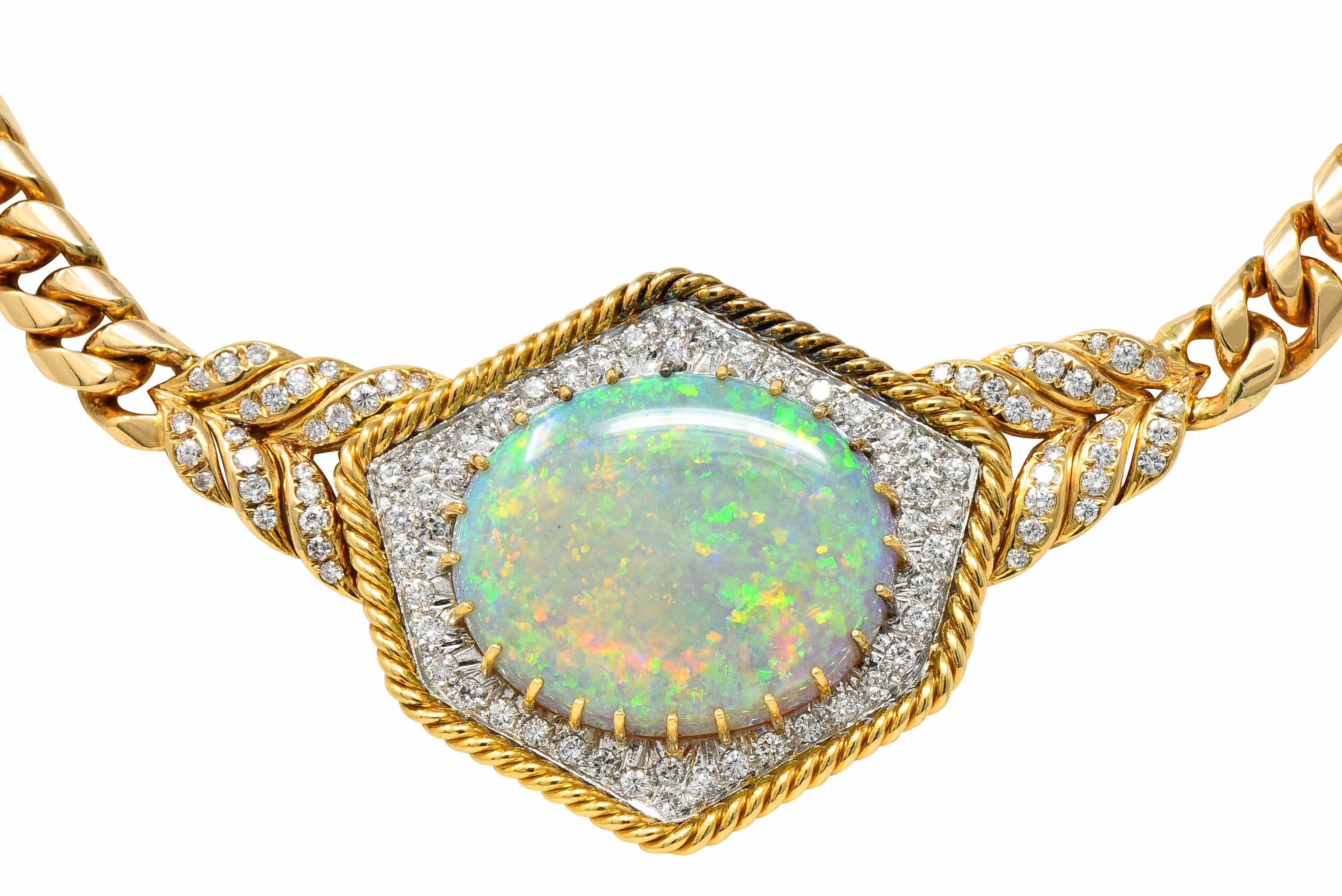 1980s Vintage Opal Diamond 18 Karat Two-Tone Gold Statement Necklace 5