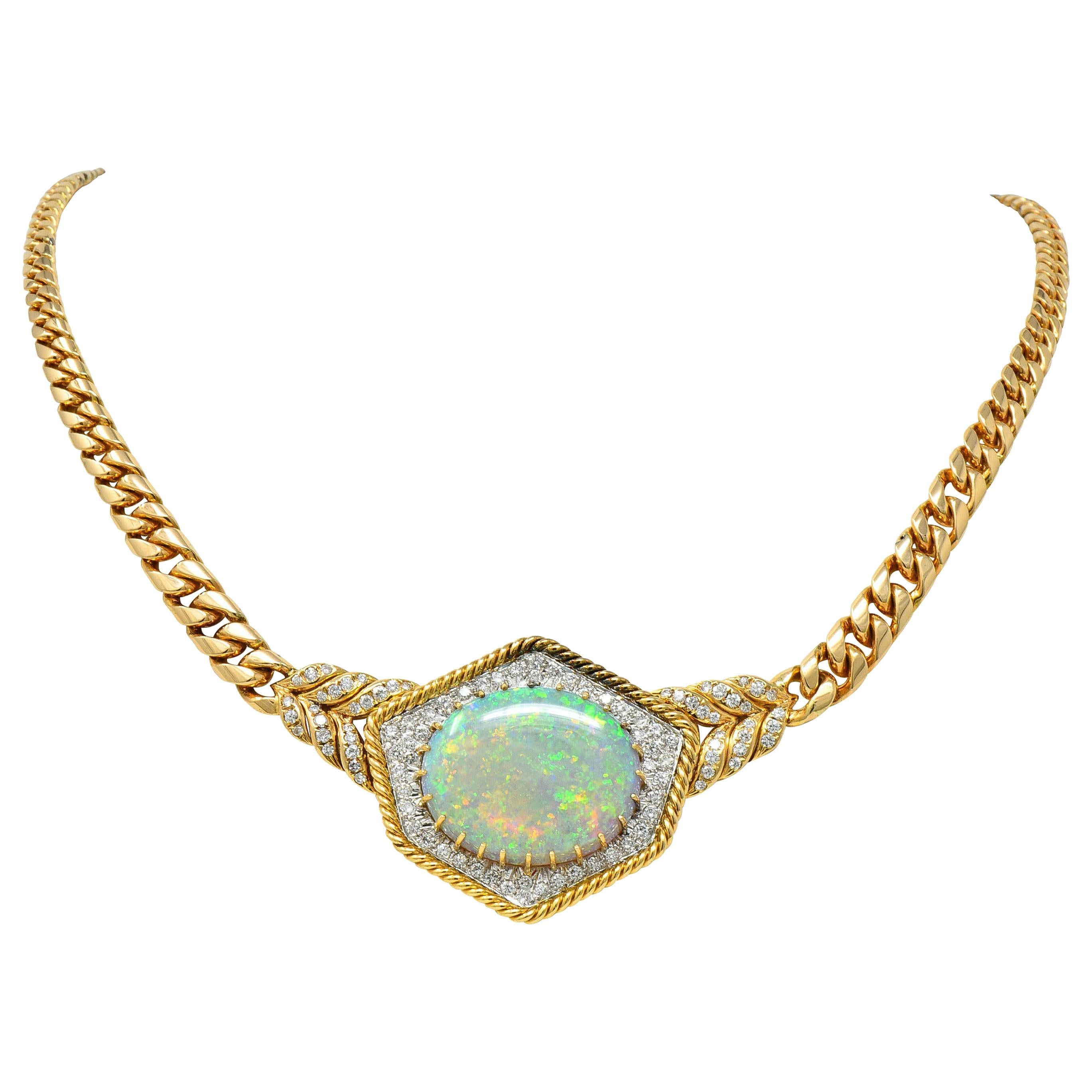 1980s Vintage Opal Diamond 18 Karat Two-Tone Gold Statement Necklace