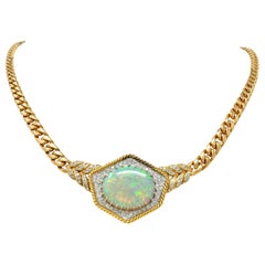 1980s Vintage Opal Diamond 18 Karat Two-Tone Gold Statement Necklace