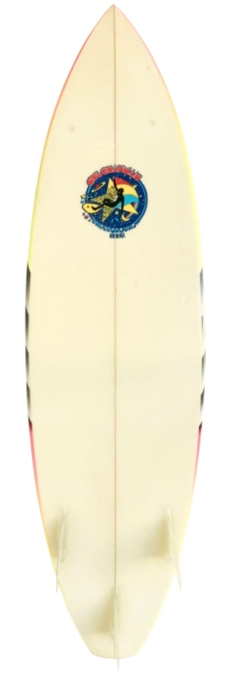 Mid-1980s Owl Chapman underground Hawaii thruster(tri-fin) surfboard. Features a colorful airbrush design complimenting the original cosmic Owl Chapman underground surfboards logo. Shaped and signed by Owl Chapman. A great example of a 1980s