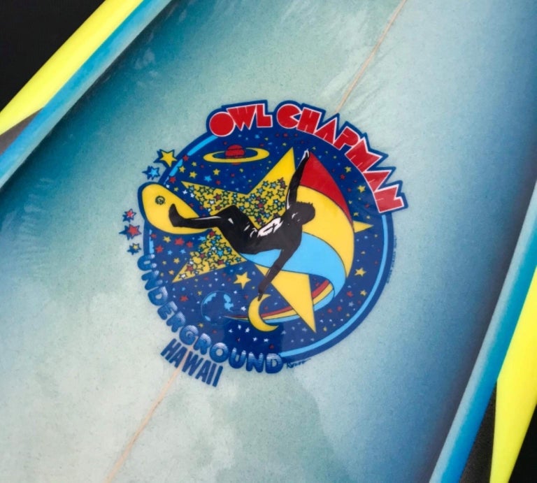 American 1980s Vintage Owl Chapman Underground Hawaii Surfboard For Sale