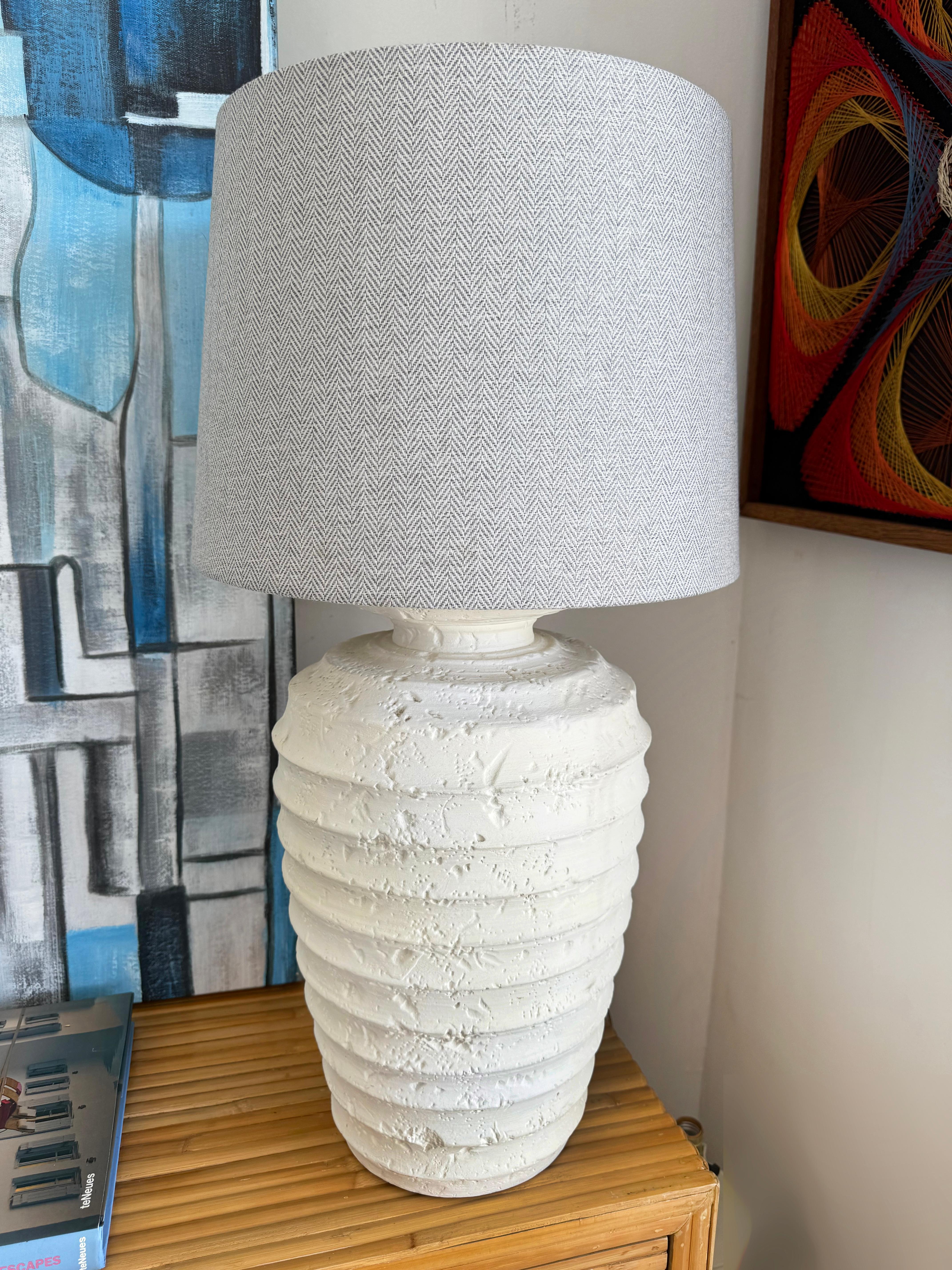 1980s Vintage Pair of Plaster Ribbed Textured Table Lamps

Offered for sale is pair of ribbed plaster table lamps with great organic textures.  The lamps are wired and ready to use.  The shades are shown for reference only but are not