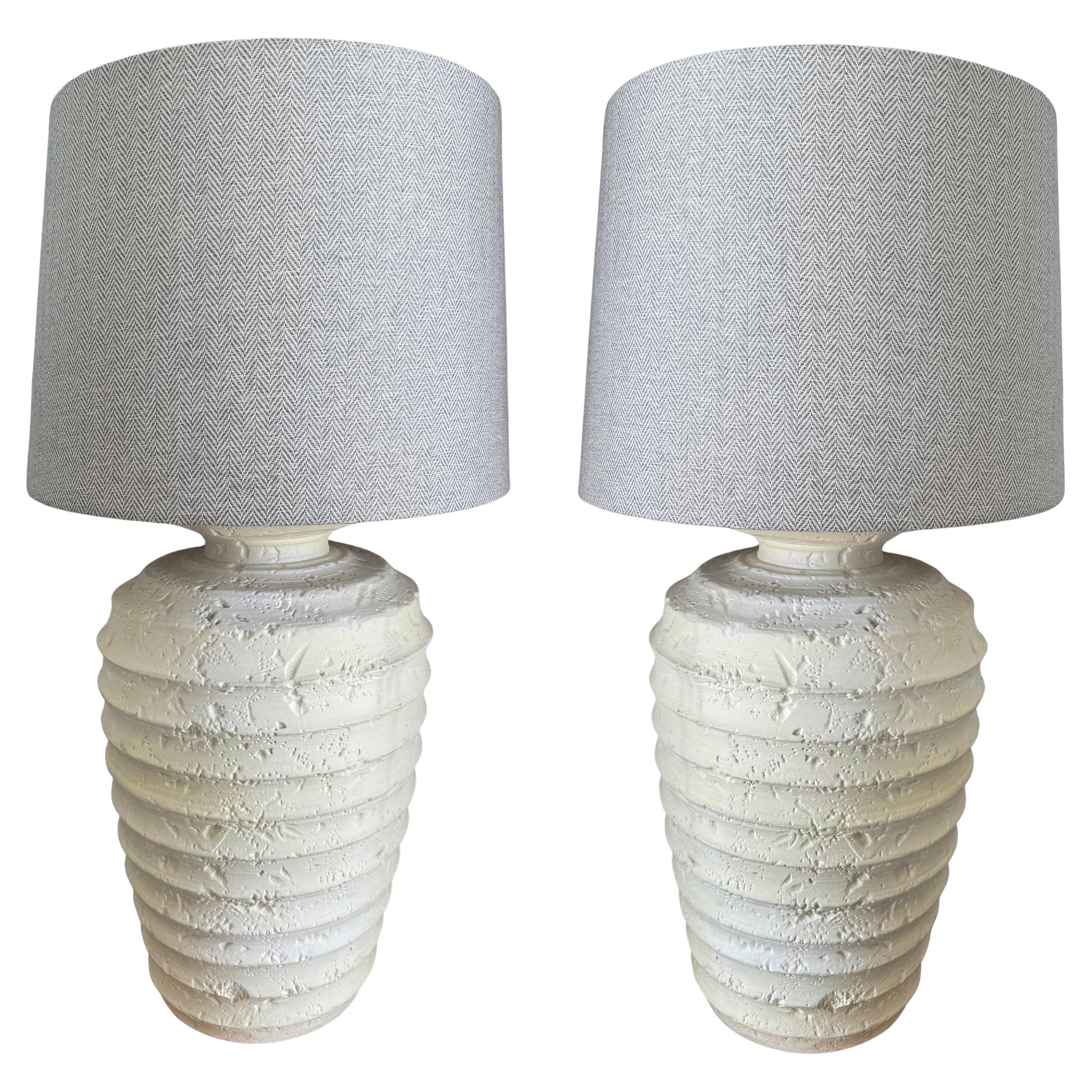 1980s Vintage Pair of Plaster Ribbed Textured Table Lamps For Sale