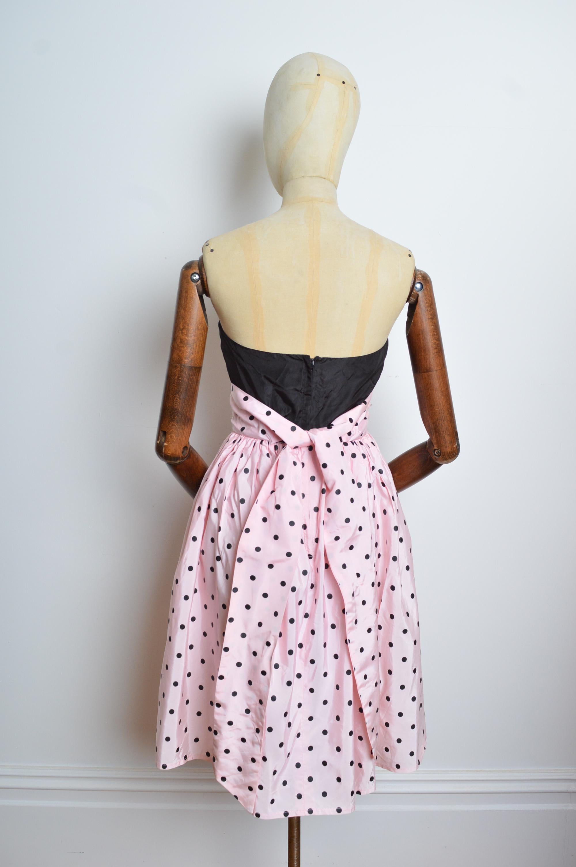 1980's Vintage Pastel Pink Taffeta Strapless Polka Dot Cocktail Party Dress For Sale 5