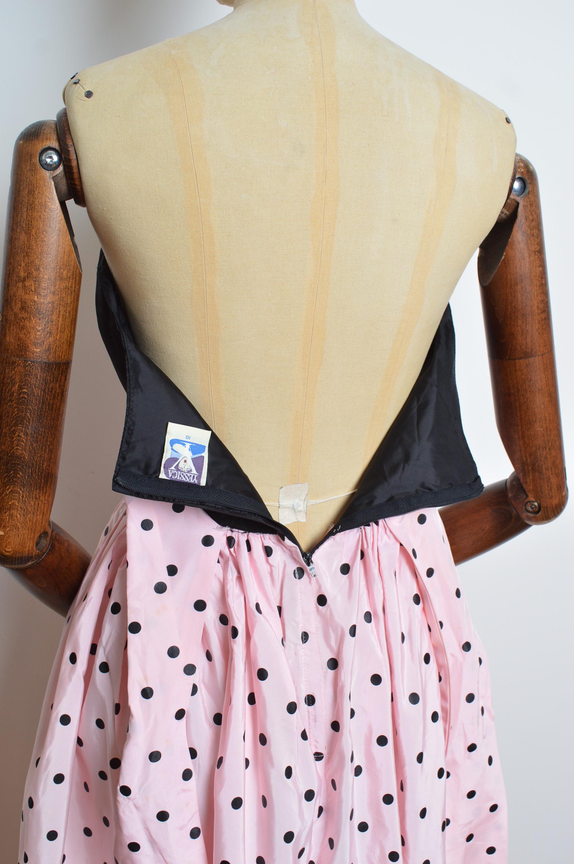 1980's Vintage Pastel Pink Taffeta Strapless Polka Dot Cocktail Party Dress For Sale 6