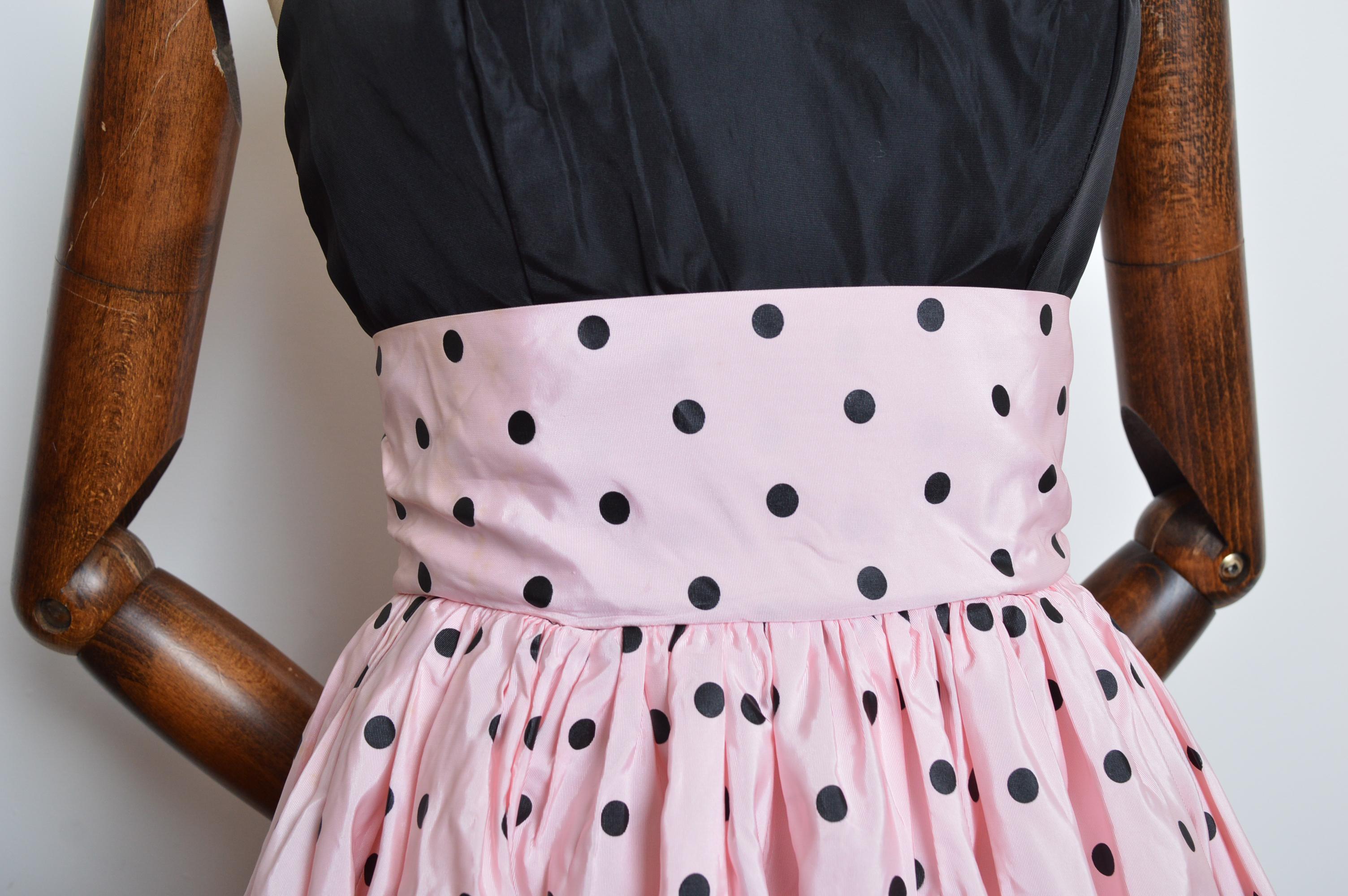 1980's Vintage Pastel Pink Taffeta Strapless Polka Dot Cocktail Party Dress For Sale 8