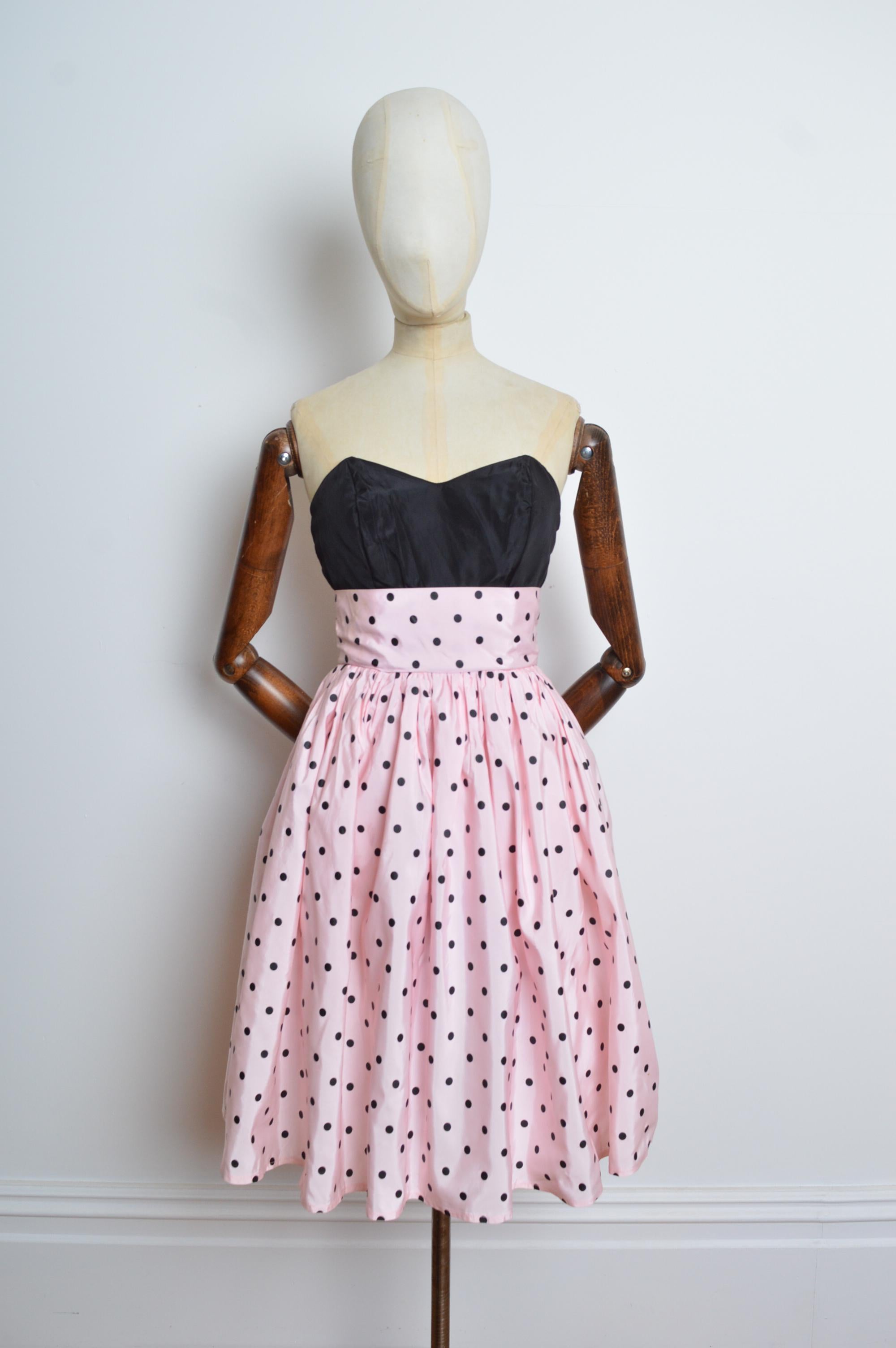 Gray 1980's Vintage Pastel Pink Taffeta Strapless Polka Dot Cocktail Party Dress For Sale