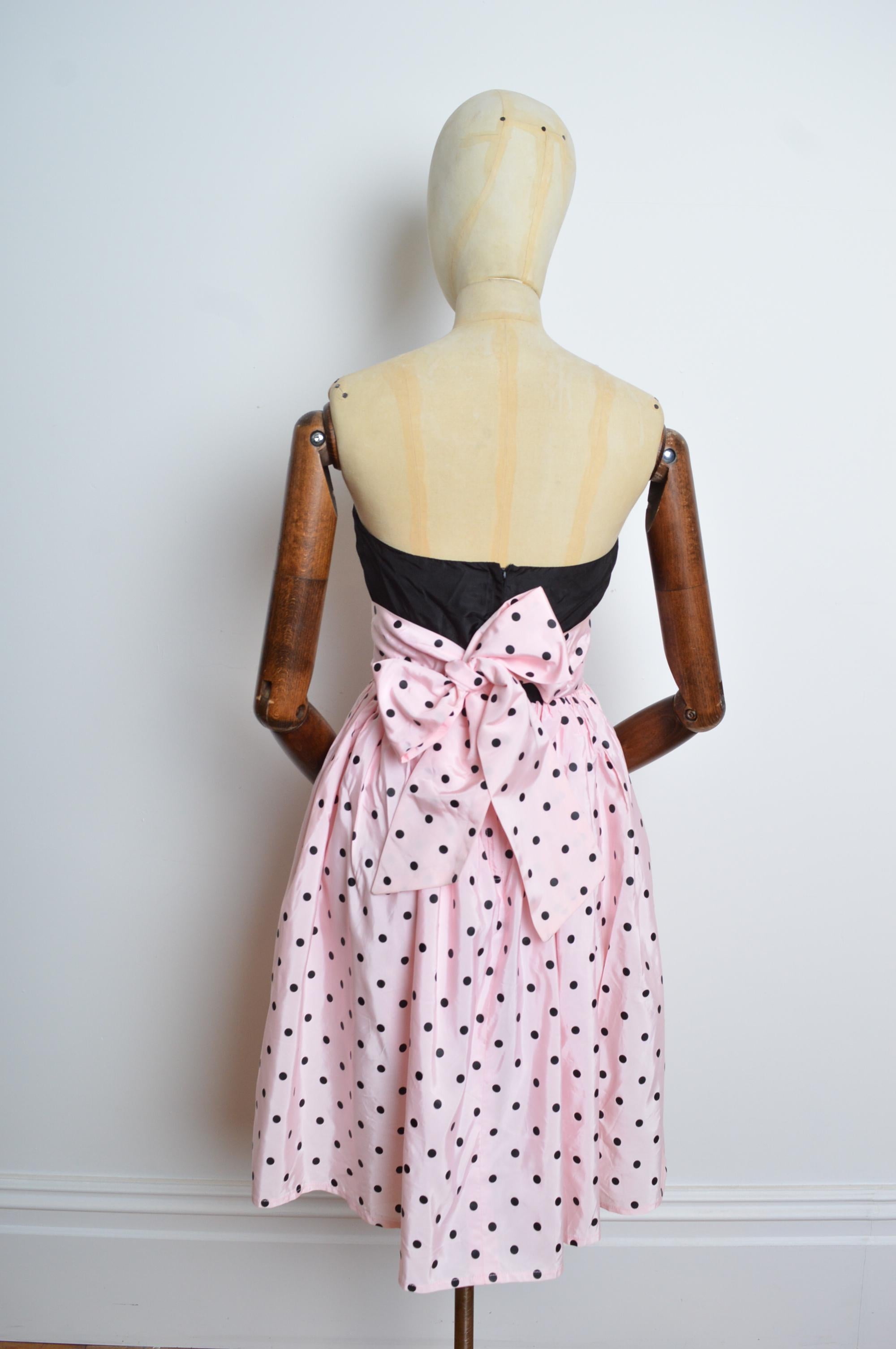 Women's 1980's Vintage Pastel Pink Taffeta Strapless Polka Dot Cocktail Party Dress For Sale
