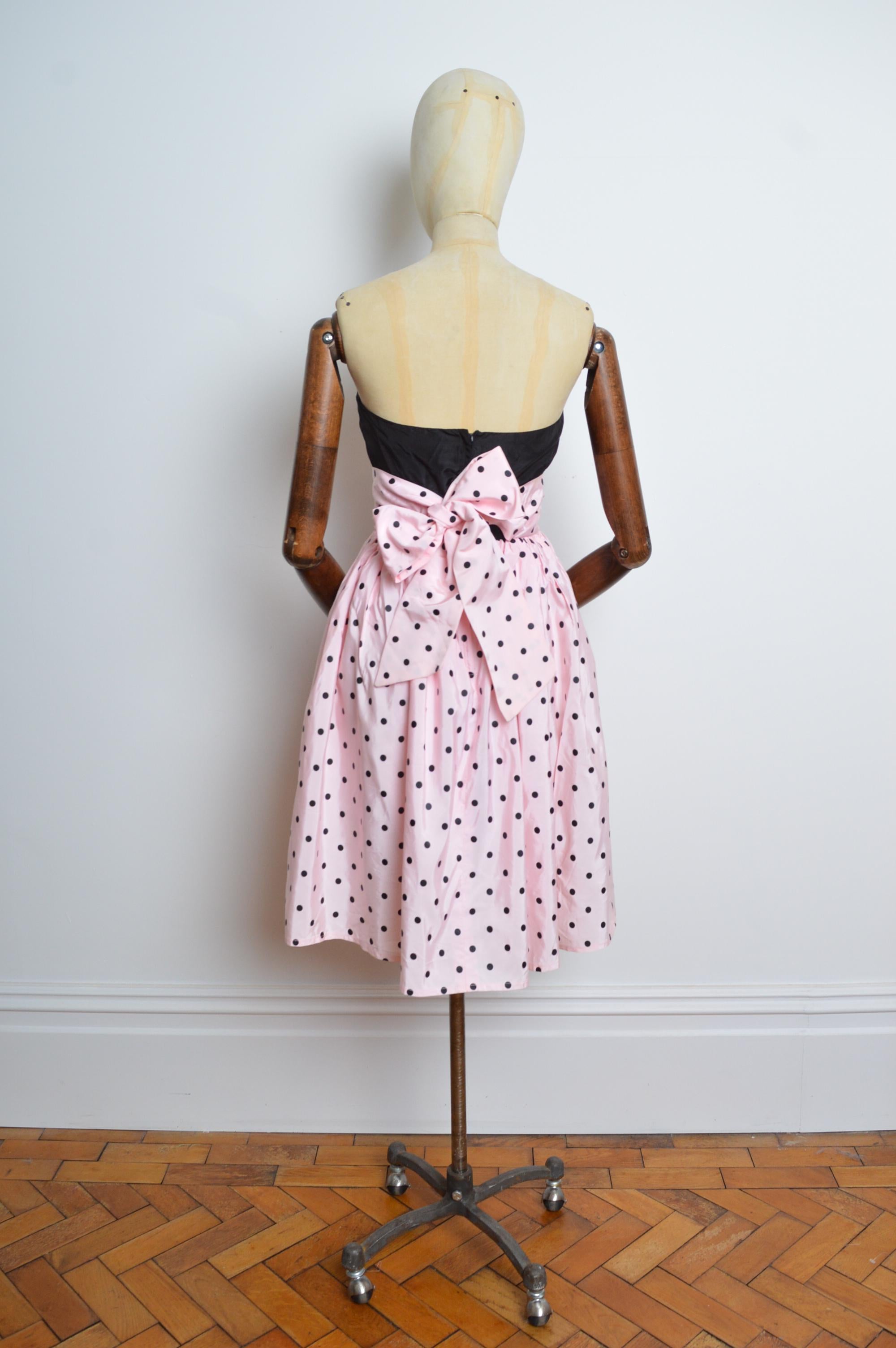 1980's Vintage Pastel Pink Taffeta Strapless Polka Dot Cocktail Party Dress For Sale 2