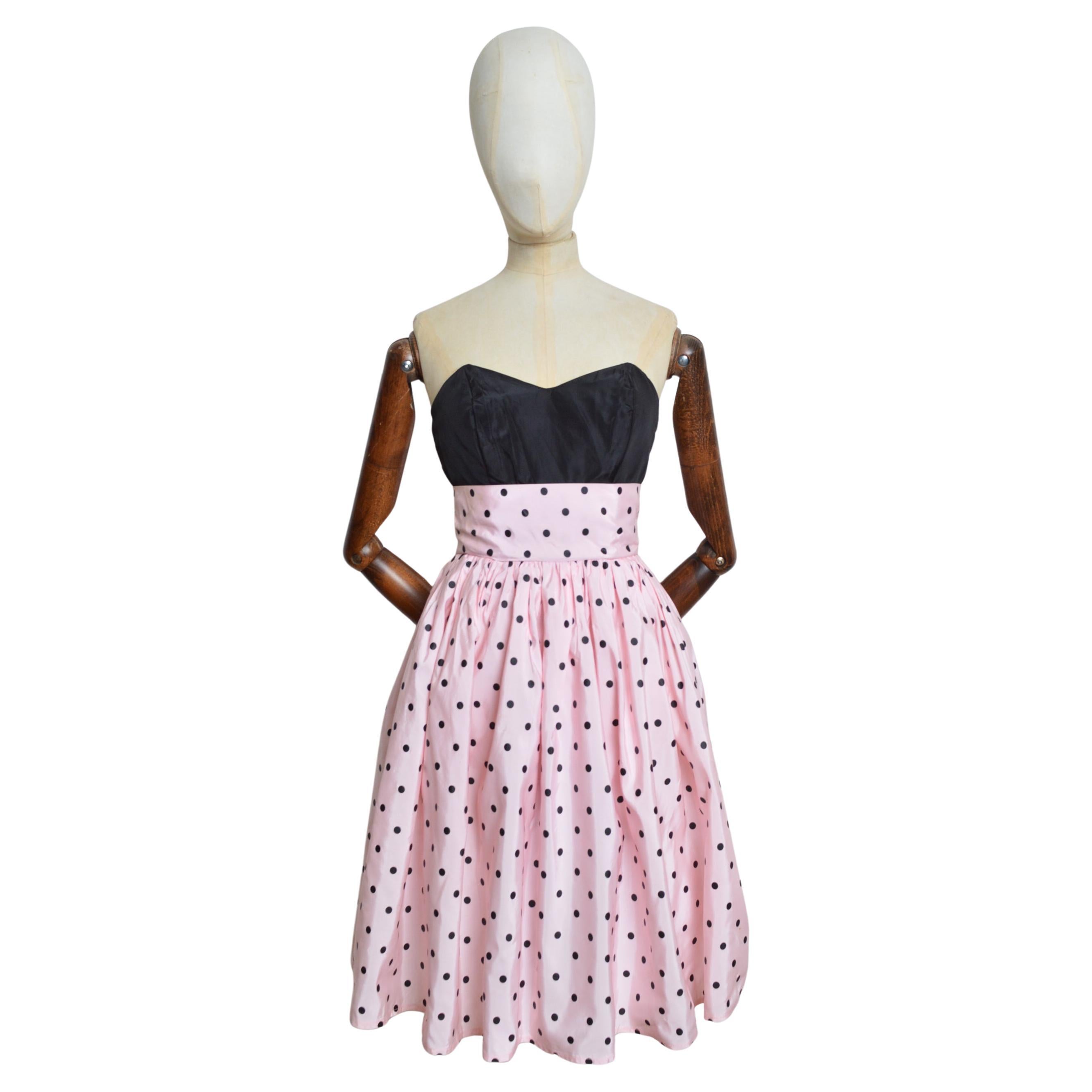 1980's Vintage Pastel Pink Taffeta Strapless Polka Dot Cocktail Party Dress For Sale