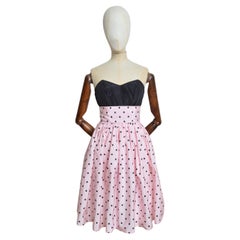 Abito da cocktail vintage anni '80 in taffetà rosa pastello senza spalline e a pois