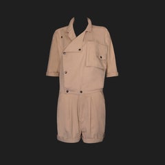 1980s Vintage - Playsuit / Jumpsuit - Gunmetal Poppers - Light Tan / Soft Cotton