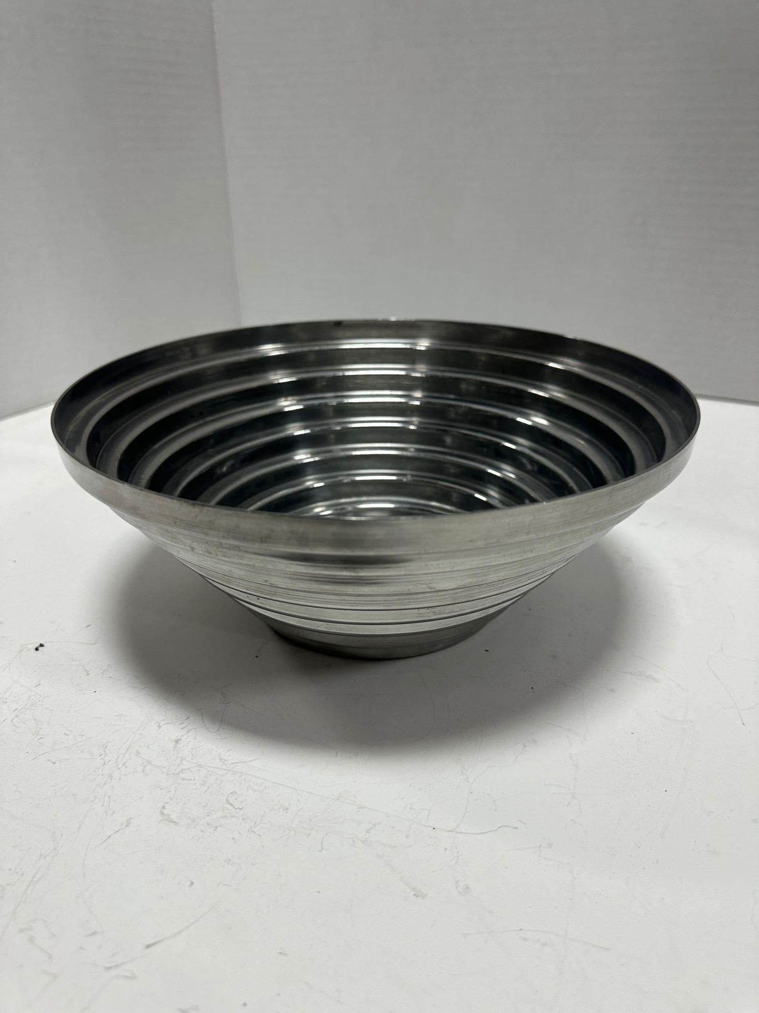 American 1980's Vintage Post Modern Stainless Steel Devo Maya Bowl Pewtertone by Mann For Sale