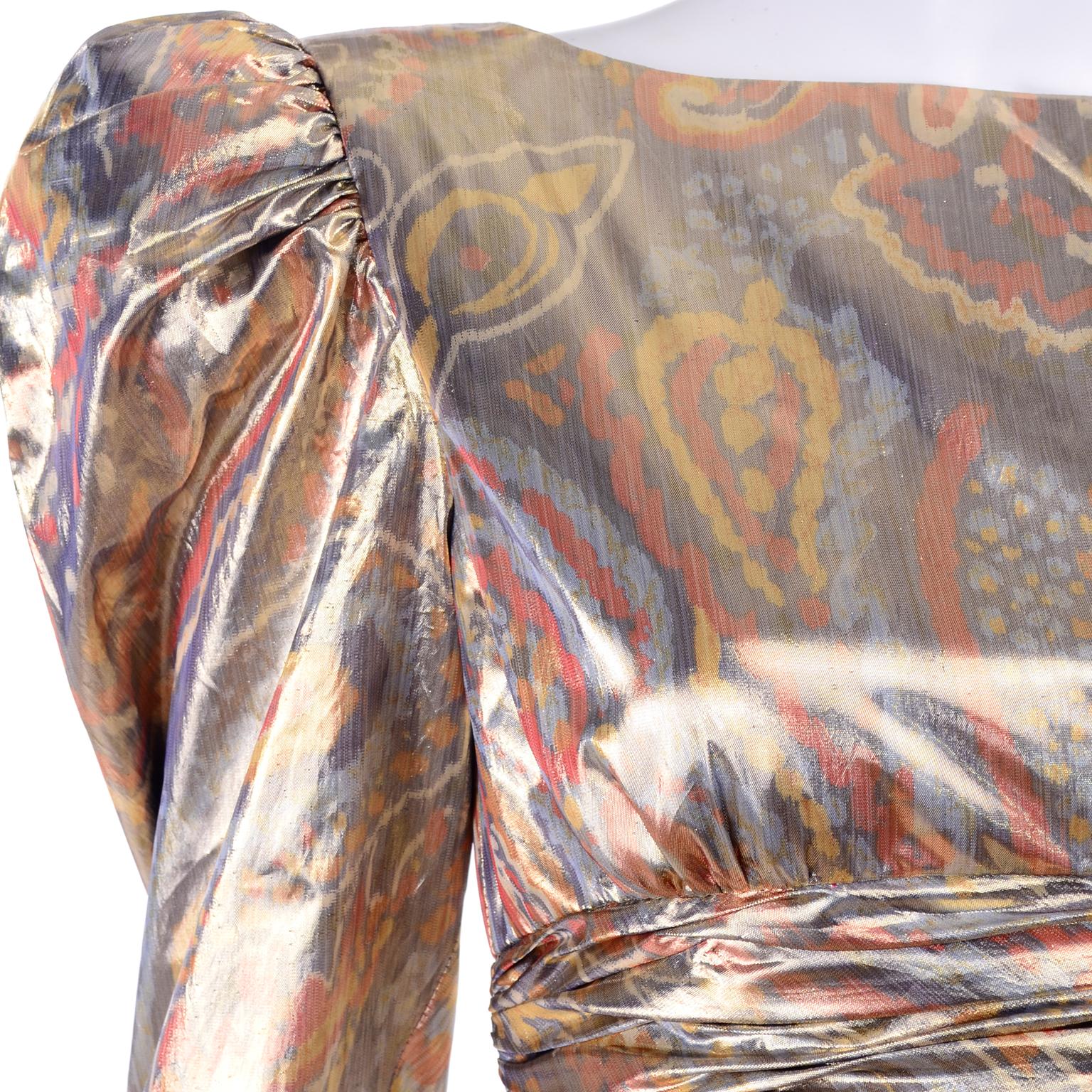 1980s Vintage Pouf Party Dress in Copper Bronze & Gold Lame Abstract Paisley  4
