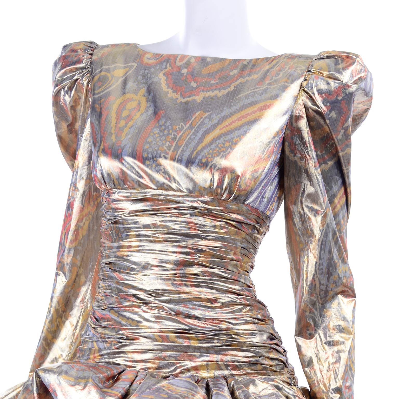 1980s Vintage Pouf Party Dress in Copper Bronze & Gold Lame Abstract Paisley  5