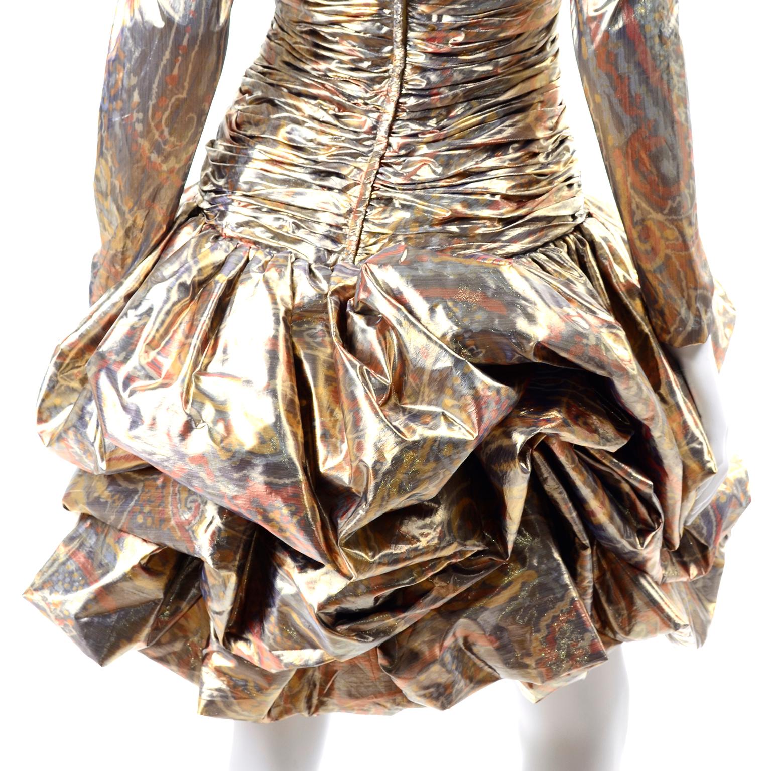 1980s Vintage Pouf Party Dress in Copper Bronze & Gold Lame Abstract Paisley  In Excellent Condition In Portland, OR