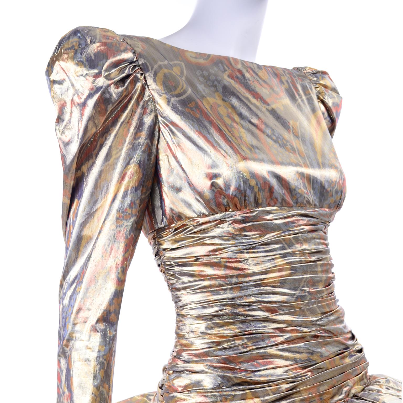 Women's 1980s Vintage Pouf Party Dress in Copper Bronze & Gold Lame Abstract Paisley 