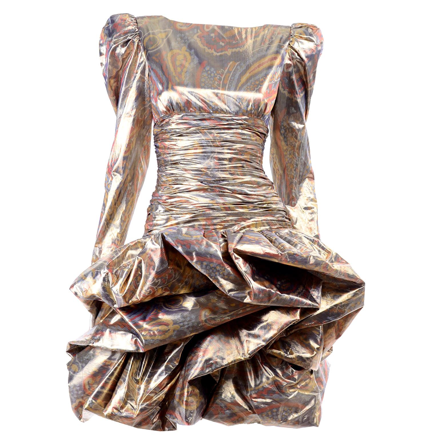 1980s Vintage Pouf Party Dress in Copper Bronze & Gold Lame Abstract Paisley 