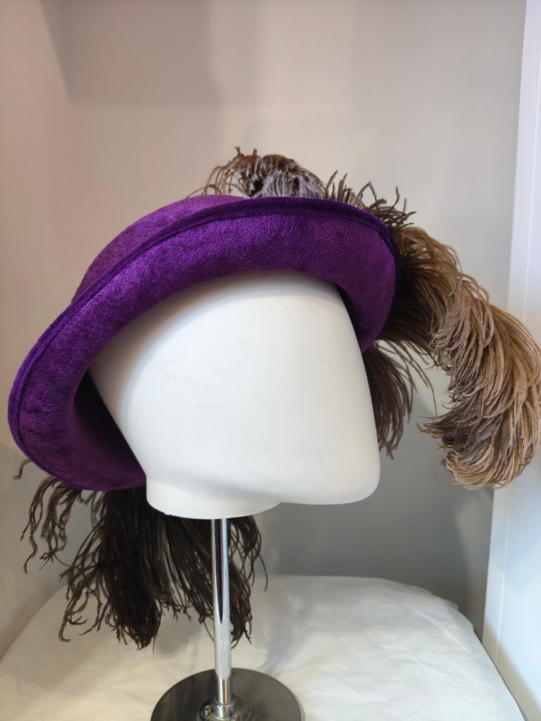 Vintage, Karen Designs-Purple Genuine Velour Fur Calot Hat W/Magenta Feather Feather Purple Original Vintage Hats for Women | eBay main image 2