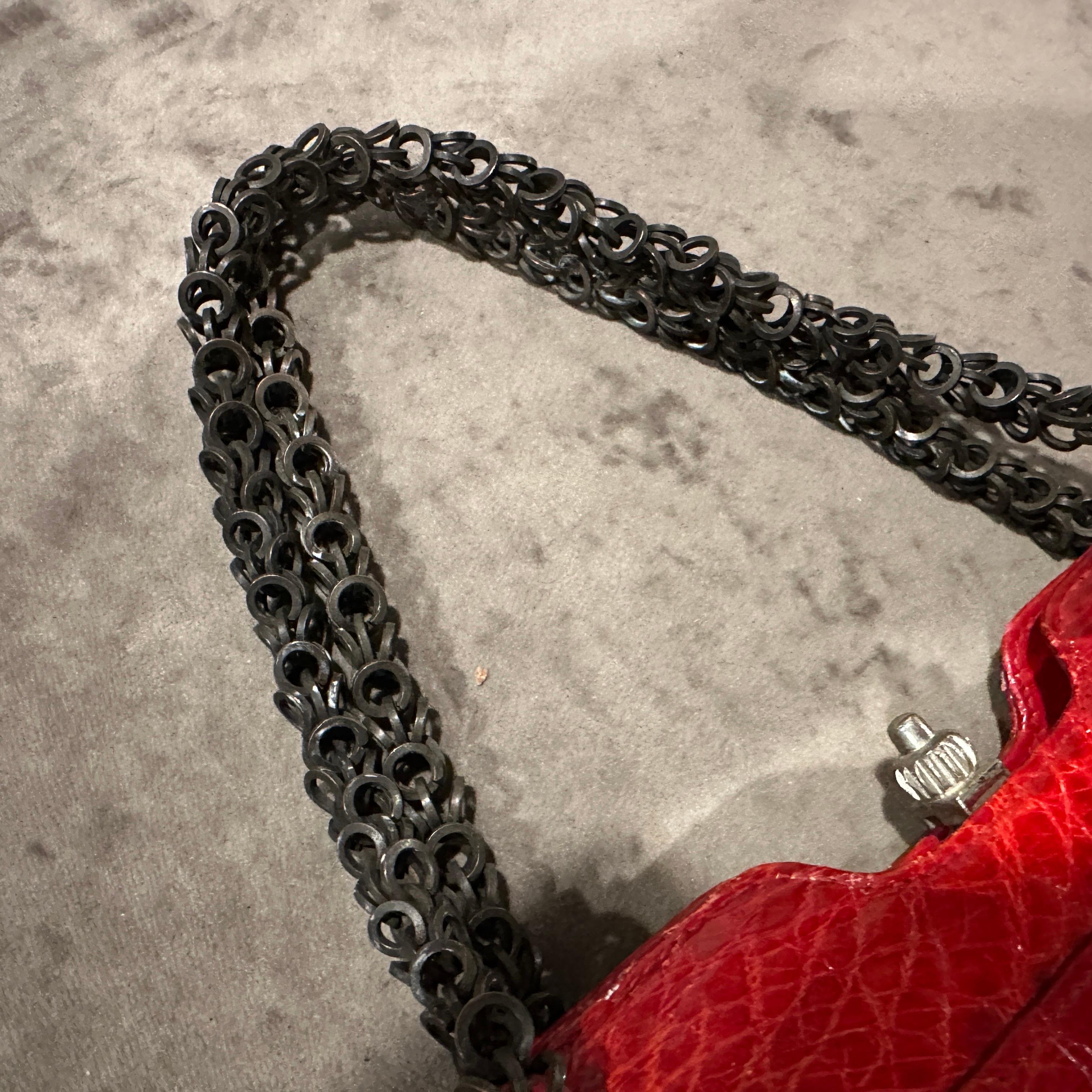 Women's or Men's 1980s Vintage Red Leather and Black Painted Metal Chain Italian Evening Bag For Sale