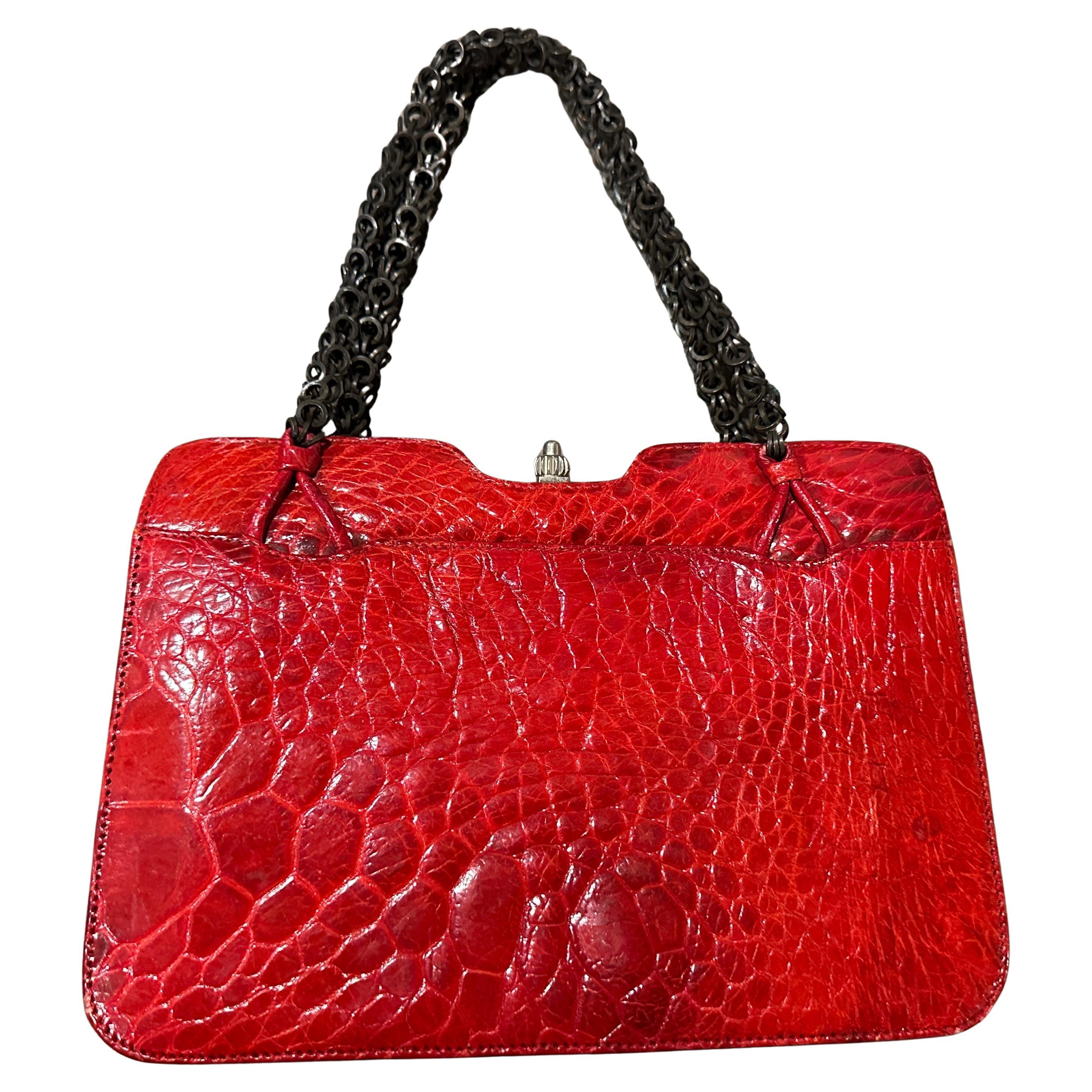 1980s Vintage Red Leather and Black Painted Metal Chain Italian Evening Bag For Sale