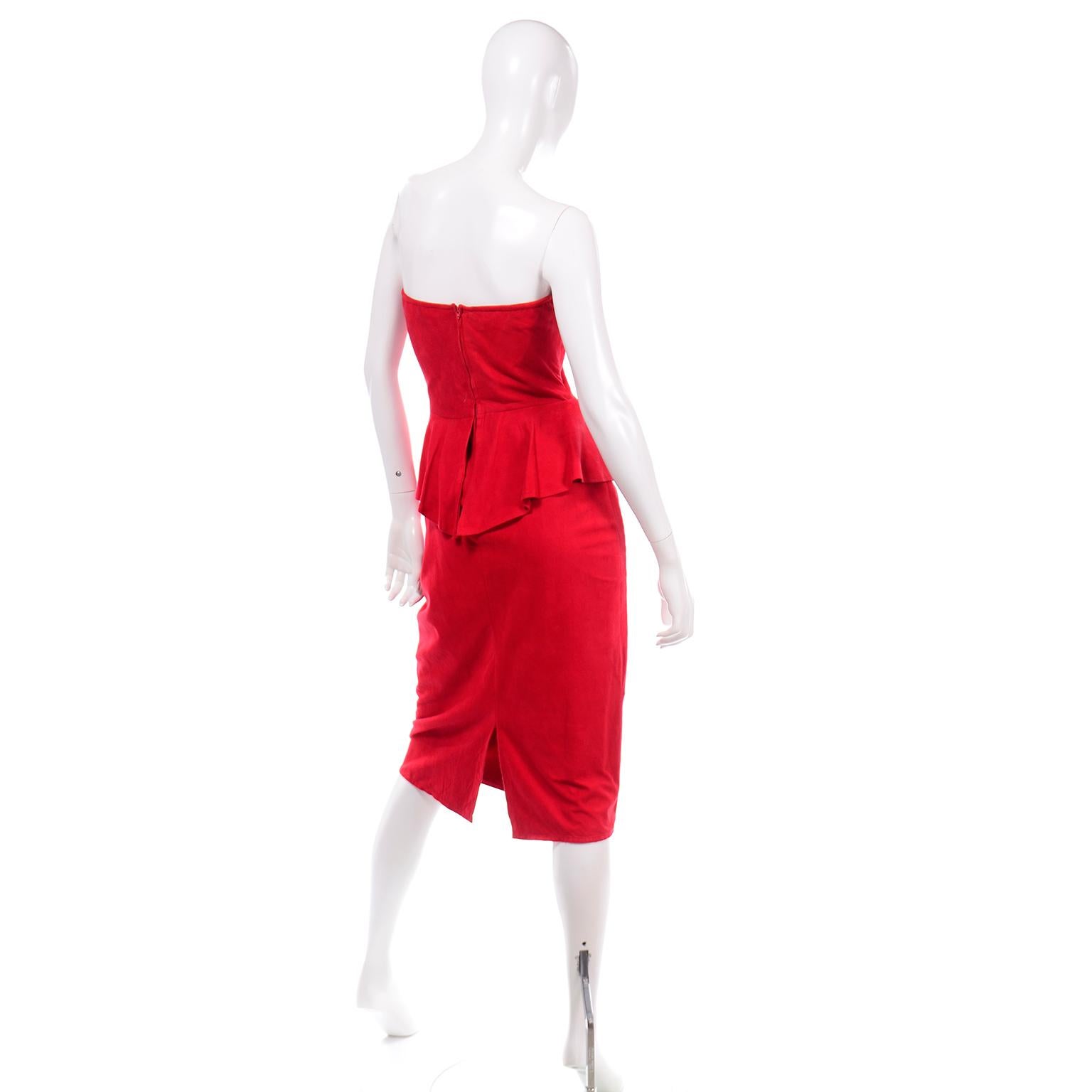 1980s Vintage Red Vakko Suede Peplum Strapless Dress For Sale 5