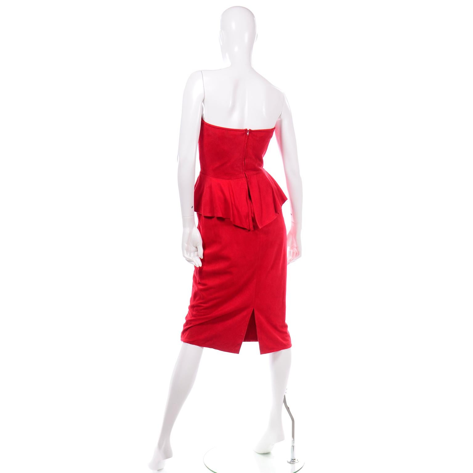 1980s Vintage Red Vakko Suede Peplum Strapless Dress In Excellent Condition For Sale In Portland, OR