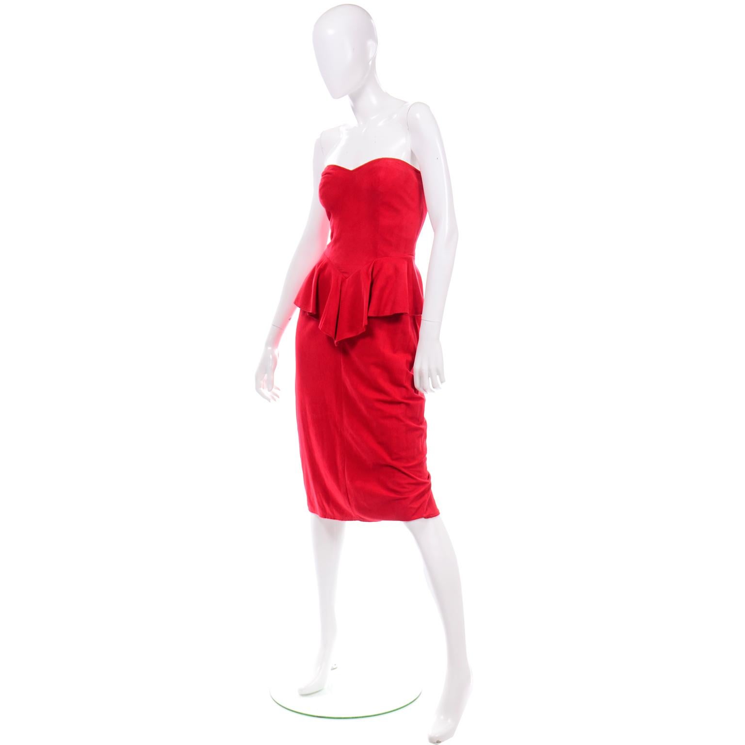 Women's 1980s Vintage Red Vakko Suede Peplum Strapless Dress For Sale