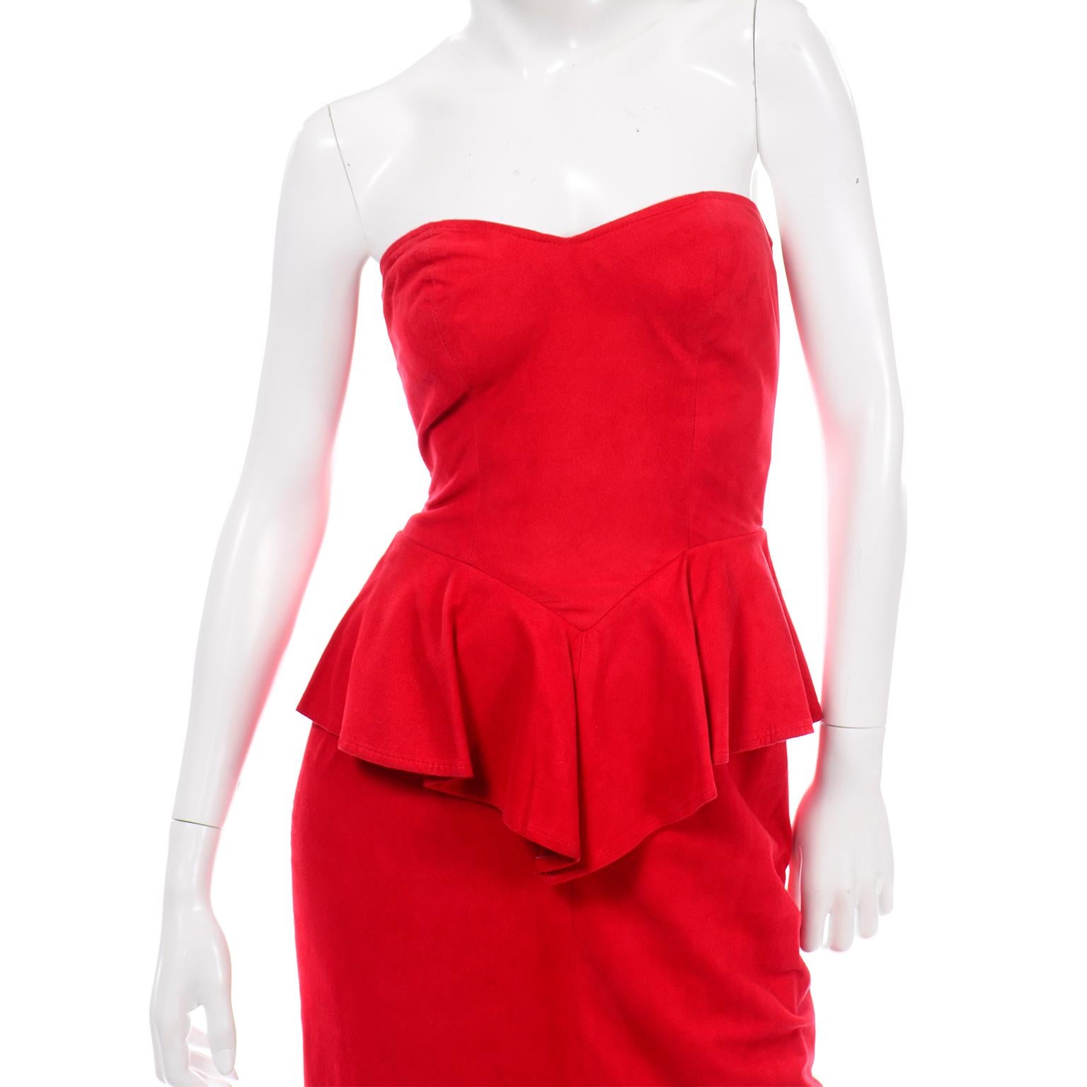 1980s Vintage Red Vakko Suede Peplum Strapless Dress For Sale 1