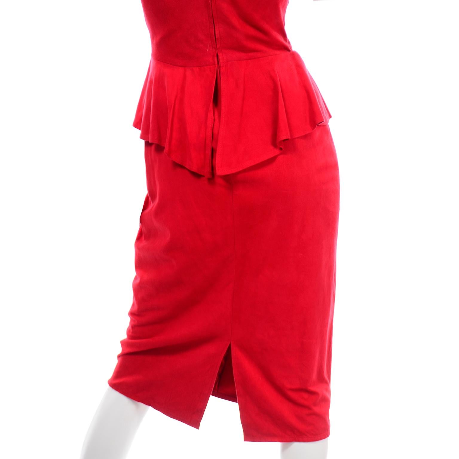 1980s Vintage Red Vakko Suede Peplum Strapless Dress For Sale 3