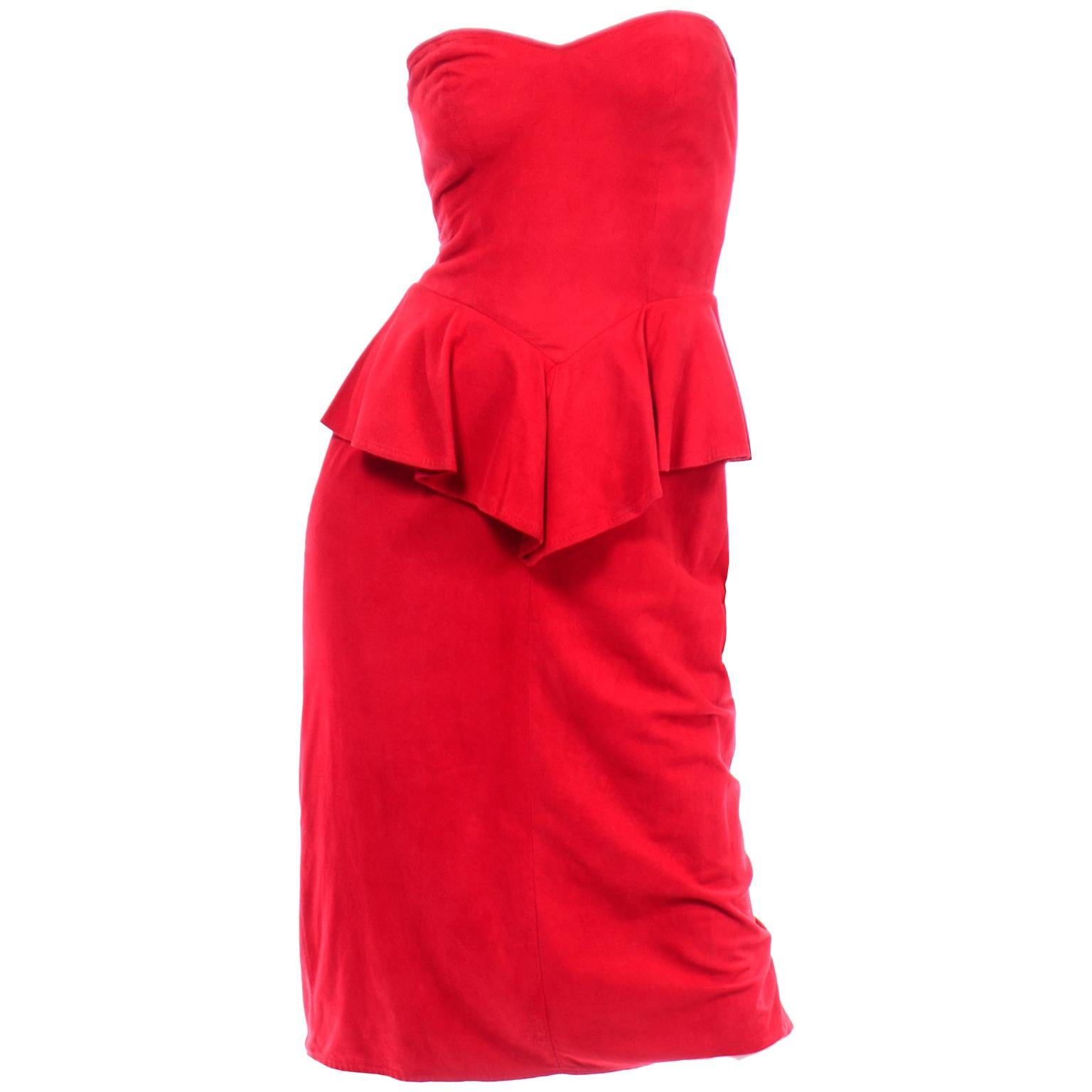 1980s Vintage Red Vakko Suede Peplum Strapless Dress