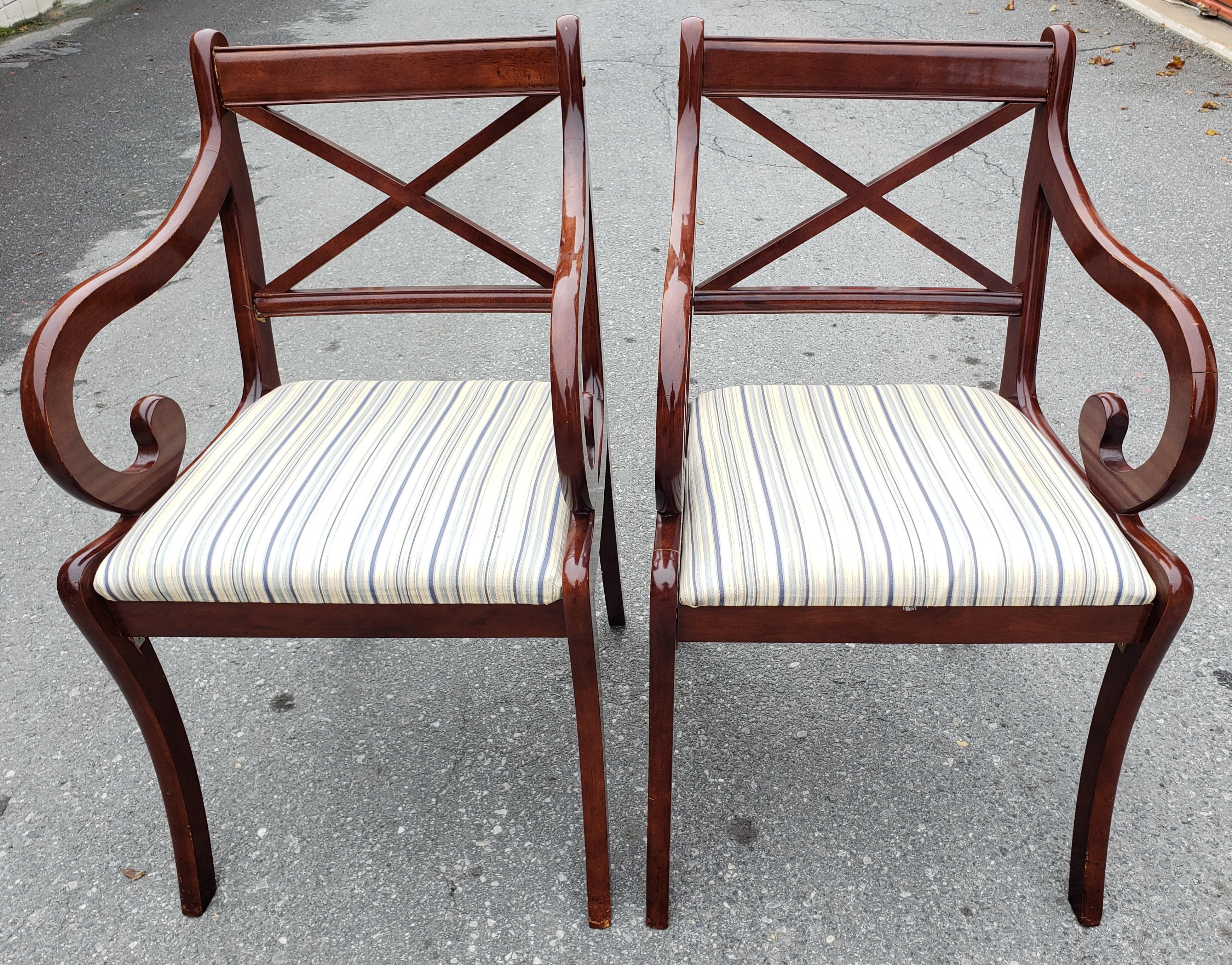 1980s Vintage Regency Mahogany Upholstered Arm Chairs, a Pair In Good Condition For Sale In Germantown, MD