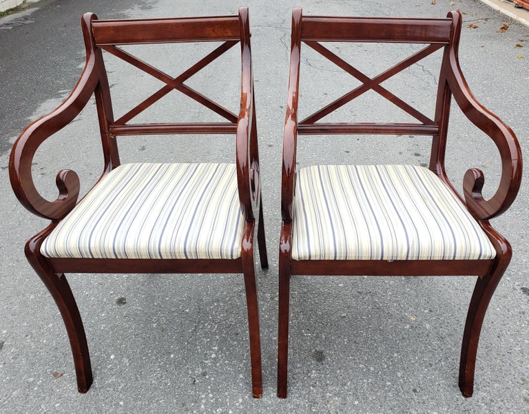 1980s Vintage Regency Mahogany Upholstered Arm Chairs, a Pair For Sale 1