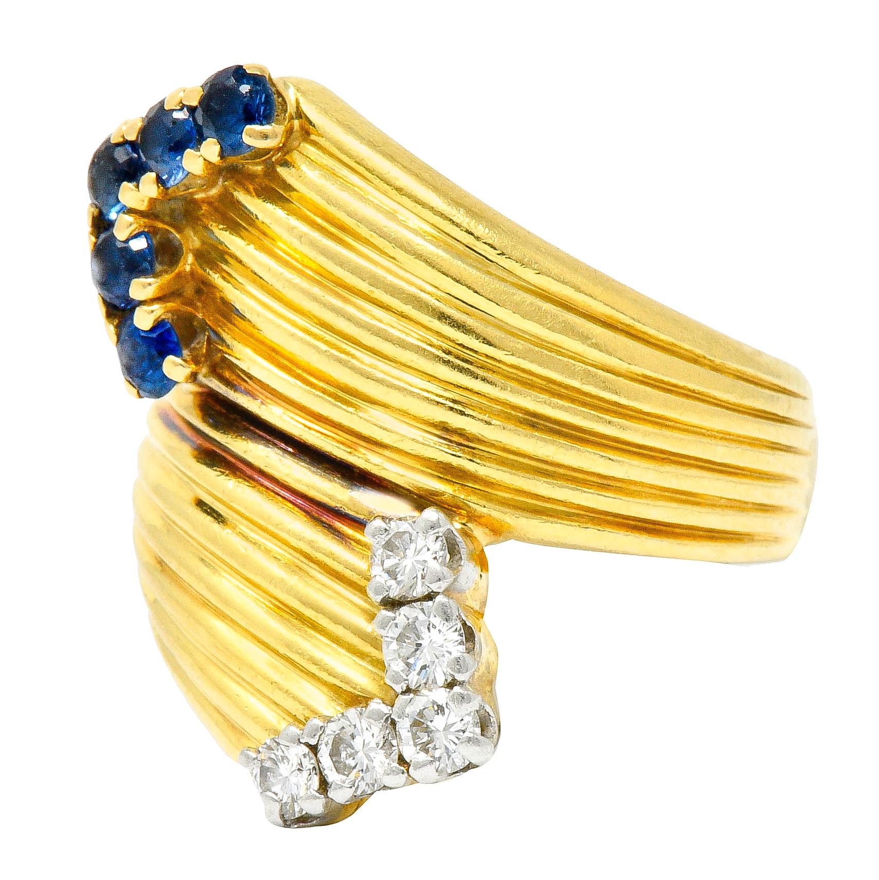 Women's or Men's 1980's Vintage Sapphire Diamond 18 Karat Gold Bypass Ring