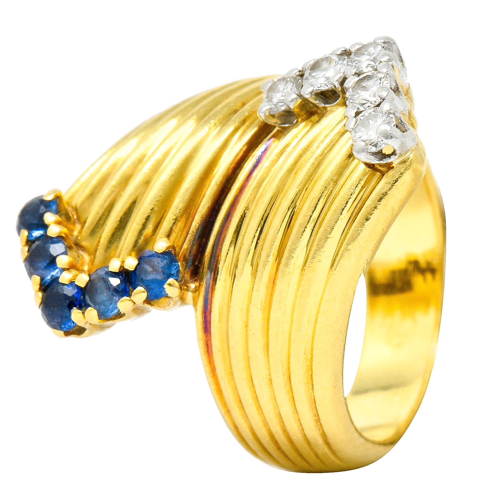 1980's Vintage Sapphire Diamond 18 Karat Gold Bypass Ring 2