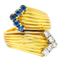 1980's Vintage Sapphire Diamond 18 Karat Gold Bypass Ring