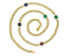 1980s Vintage Sapphire Emerald Ruby Diamond 18 Karat Gold Station Necklace