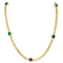 1980s Vintage Sapphire Emerald Ruby Diamond 18 Karat Gold Station Necklace