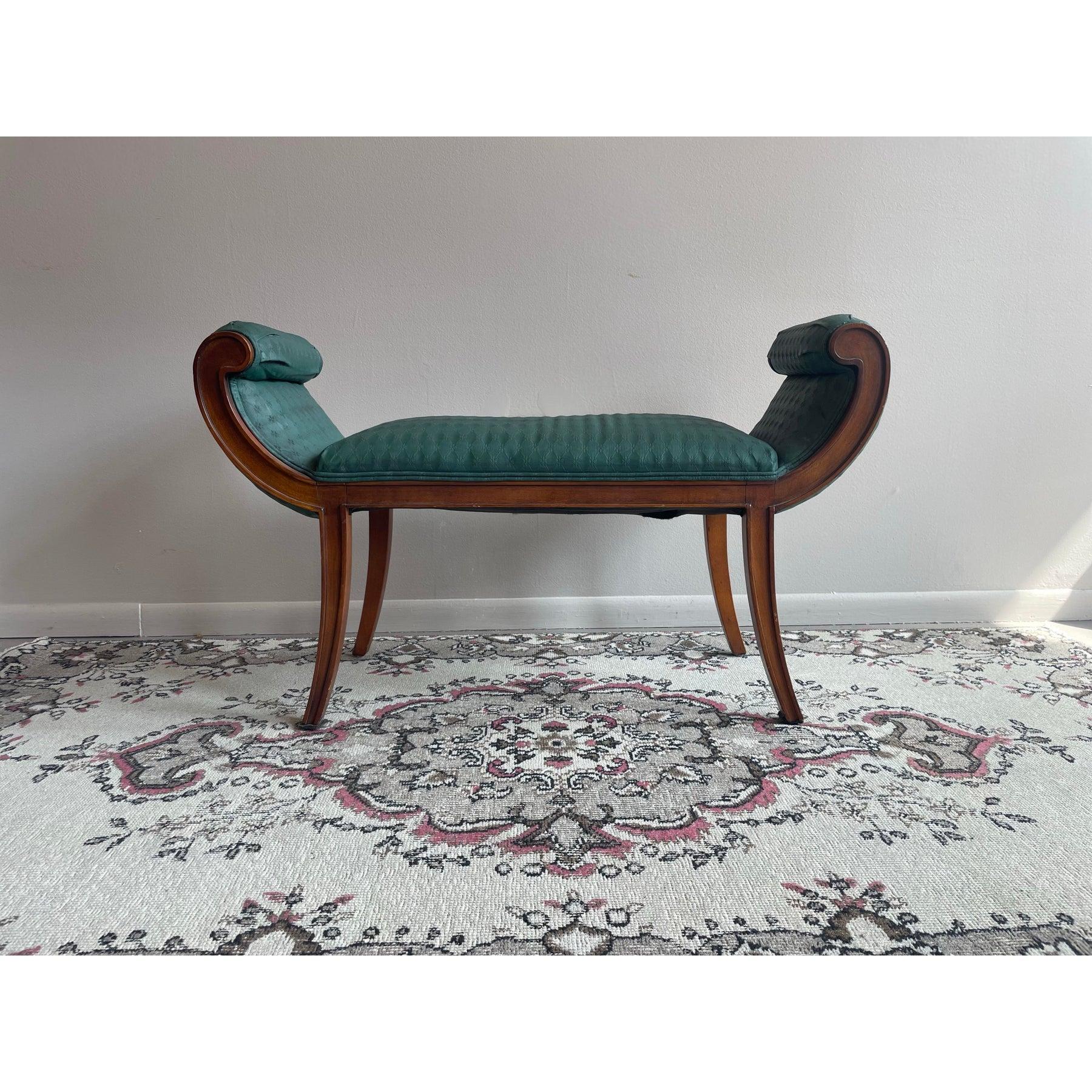 Beautiful lines on this vintage and sturdy bench. The original fabric is in good condition, can be used as is or redo in your favorite fabric. See less

Dimensions: 41ʺW × 14ʺD × 25ʺH
Styles: Art DecoMid-Century ModernTraditional
Number of Seats: