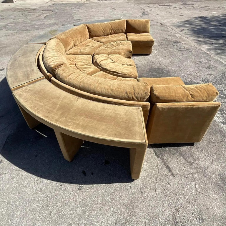 North American 1980s Vintage Selig Velveteen Half Moon Sectional Sofa & Coordinating Wrap Aroun For Sale