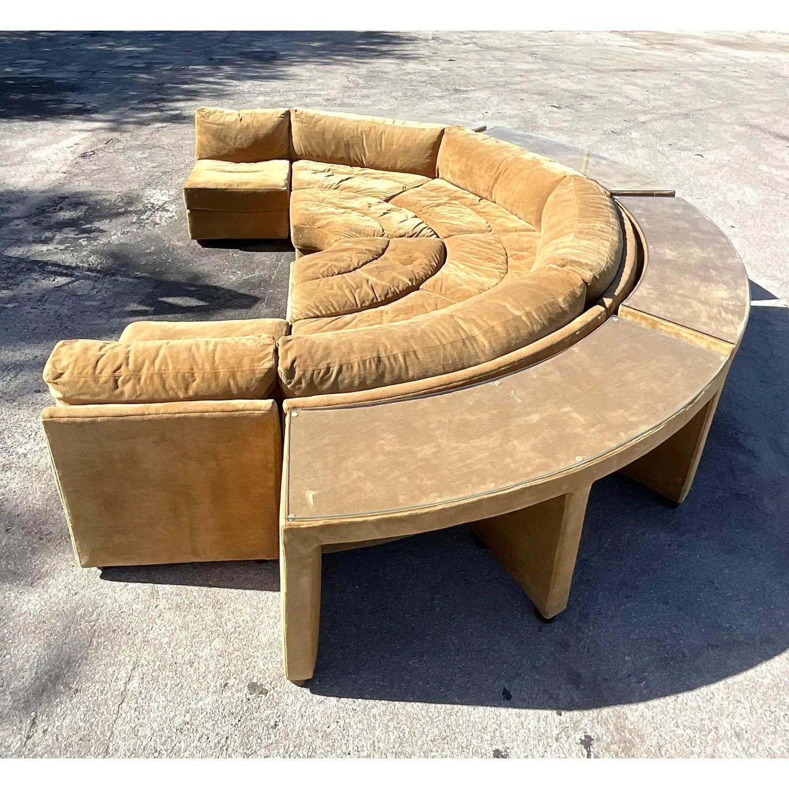 1980s Vintage Selig Velveteen Half Moon Sectional Sofa & Coordinating Wrap Aroun In Good Condition In West Palm Beach, FL