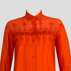 1980s Vintage Shirt - Orange Embroidered Chiffon + Cotton - Covered Buttons