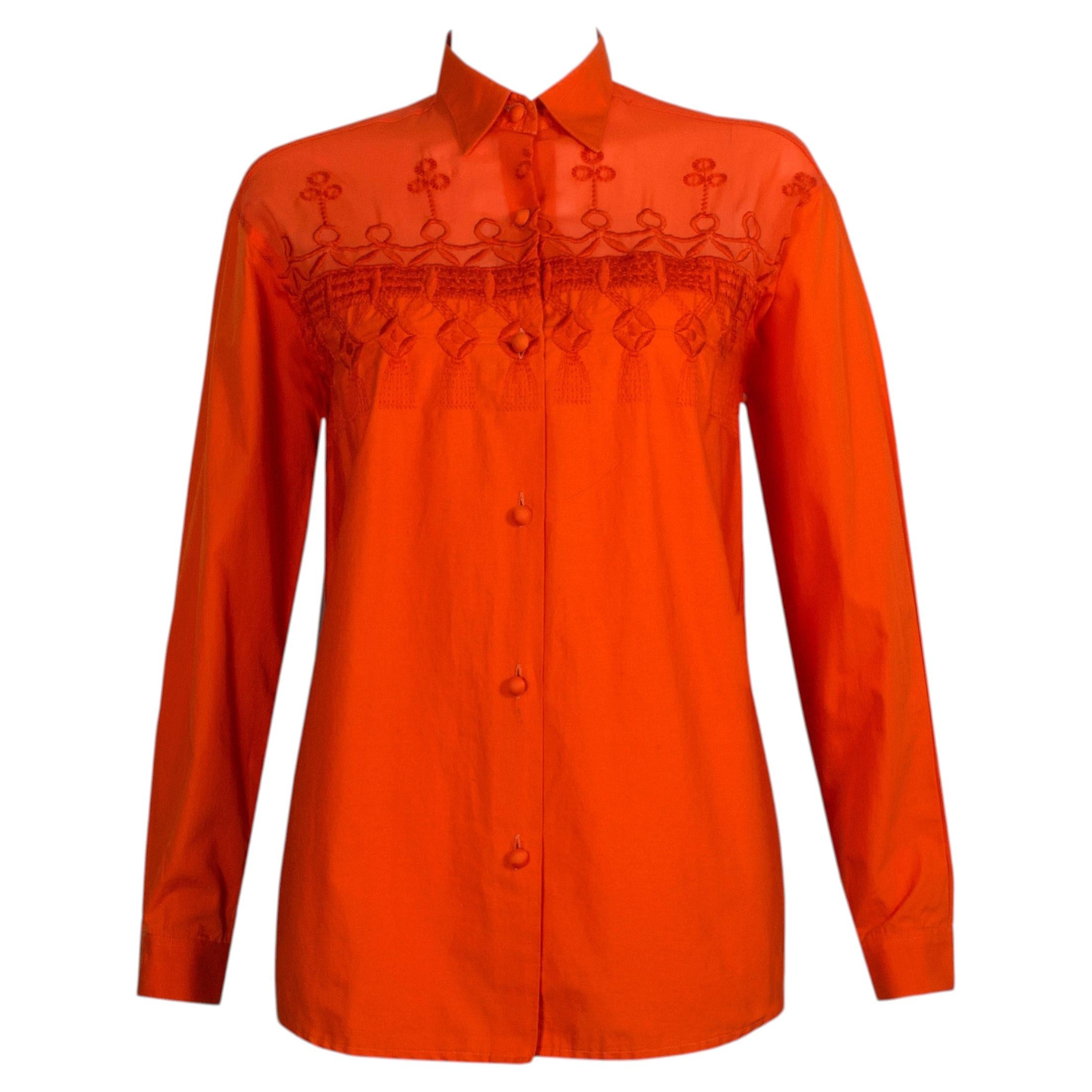 Camisa Vintage Años 80 - Gasa Bordada Naranja + Algodón - Botones Cubiertos en venta