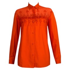 1980s Vintage Shirt - Orange Embroidered Chiffon + Cotton - Covered Buttons