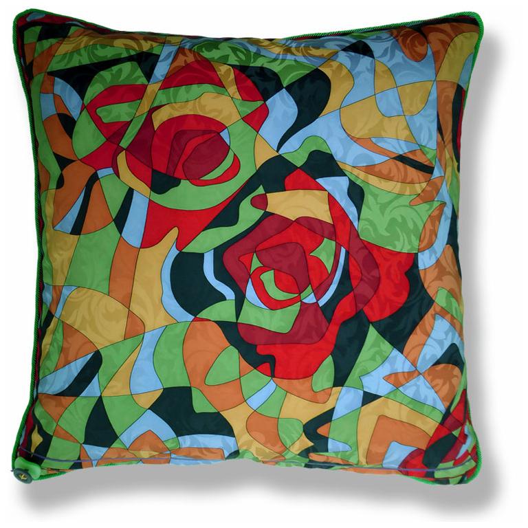 Zinnia Fronde
circa 1980
British made luxury cushion created using original vintage silks in two stunning complimentary sides
Provenance: Britain and Italy,
Made by Nichollette Yardley-Moore
Silk with complete interfacing and full cotton