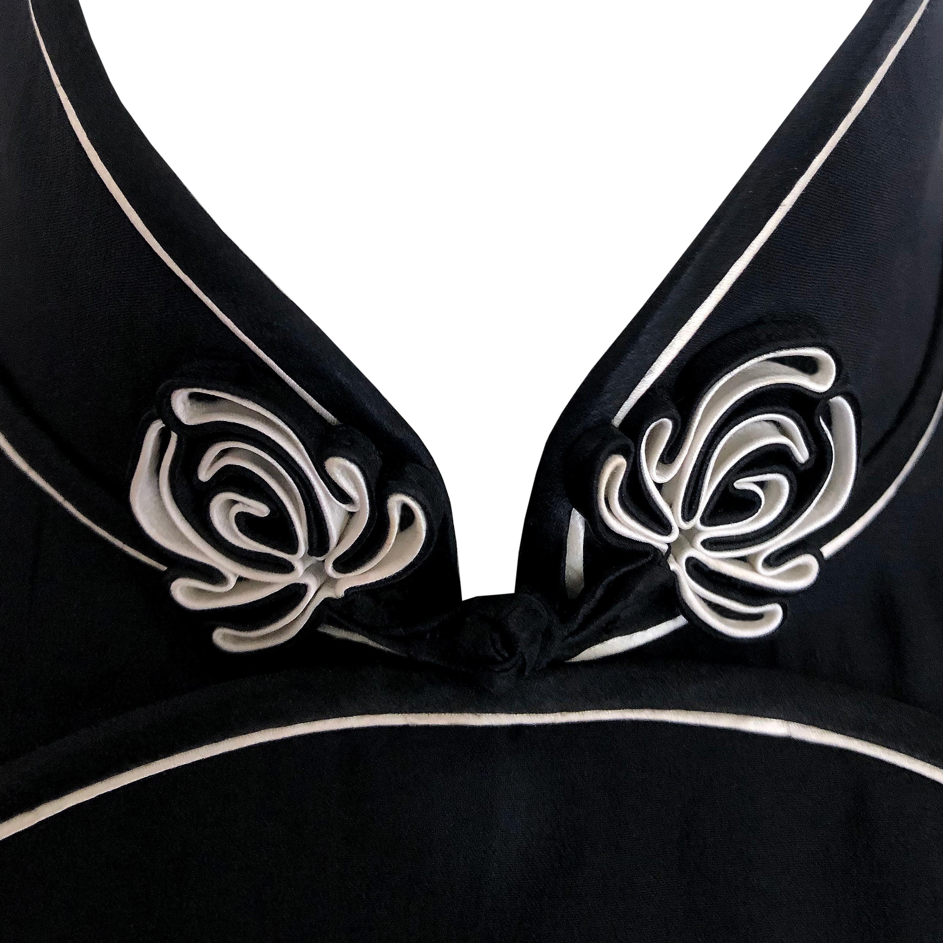 Product Details: 1980s Vintage Black Silk Dress + White Piping Detail -  x 6 Black & White Floral Buttons / Front Dress - Structured Collar Detail - 3/4 Length Wide Sleeve Detail - Side Seam Splits - Fully Lined - Fitted Shoulder Pads - Side Zip