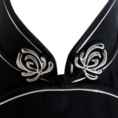 1980s Vintage Silk Dress - Black + White Piping Detail + Floral Buttons -One-Off