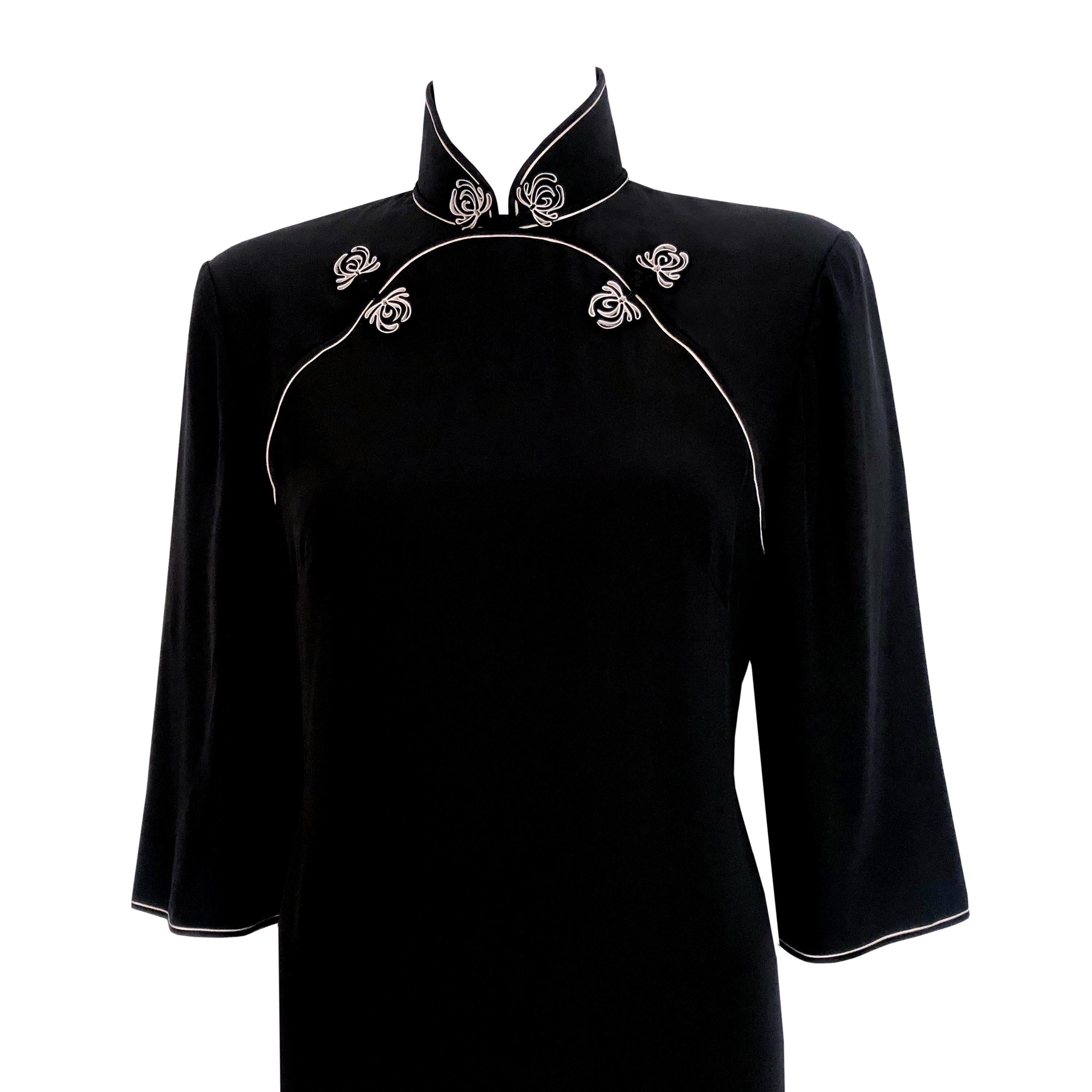 Women's 1980s Vintage Silk Dress - Black + White Piping Detail + Floral Buttons -One-Off For Sale
